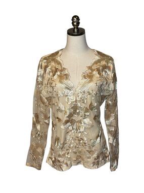 Boston Proper Embroidered Floral Chiffon Blouse Top Evening V-Neck Champagne L
